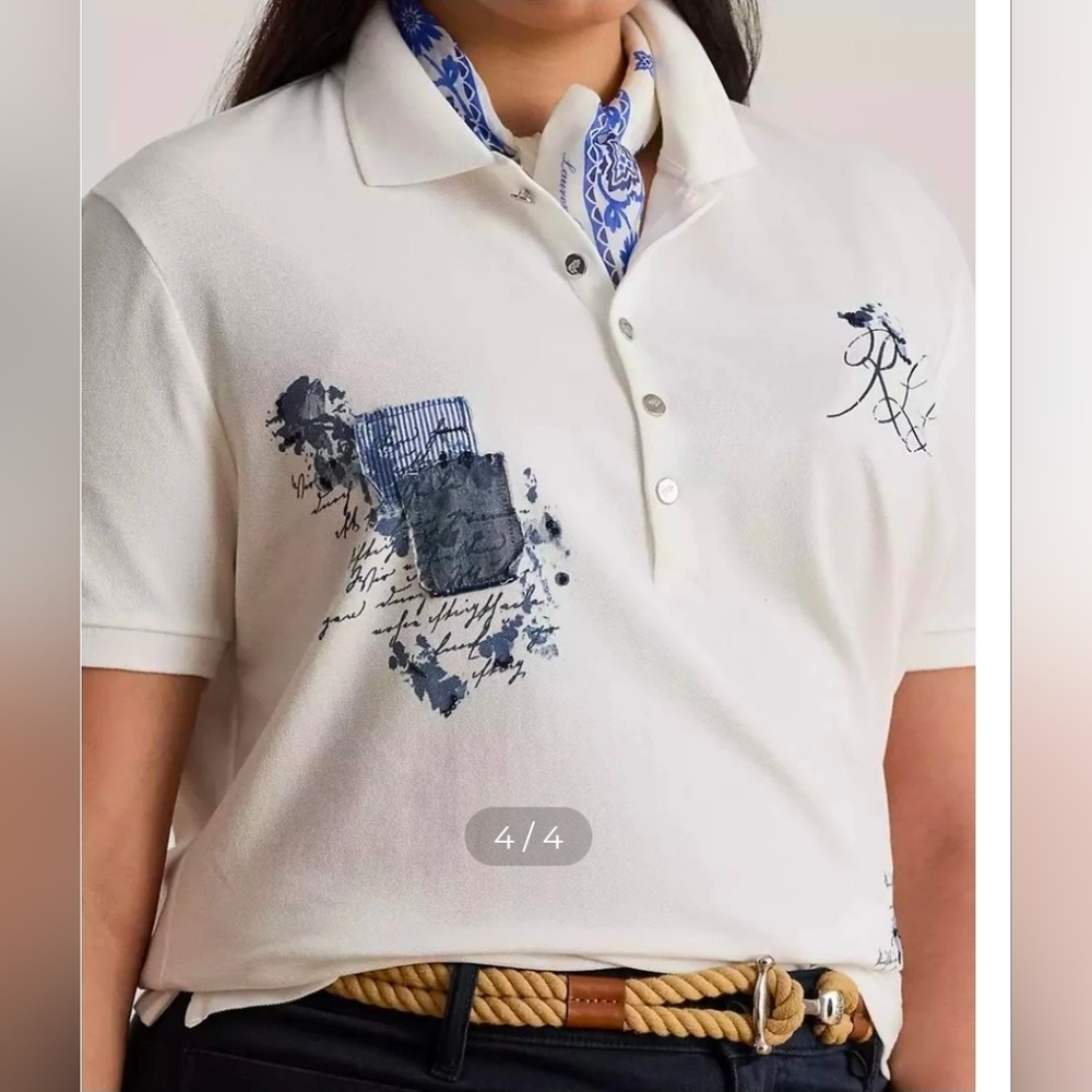 Lauren Ralph Lauren Womens Patchwork Piqué Polo Shirt Plus Size 2X NWT $125